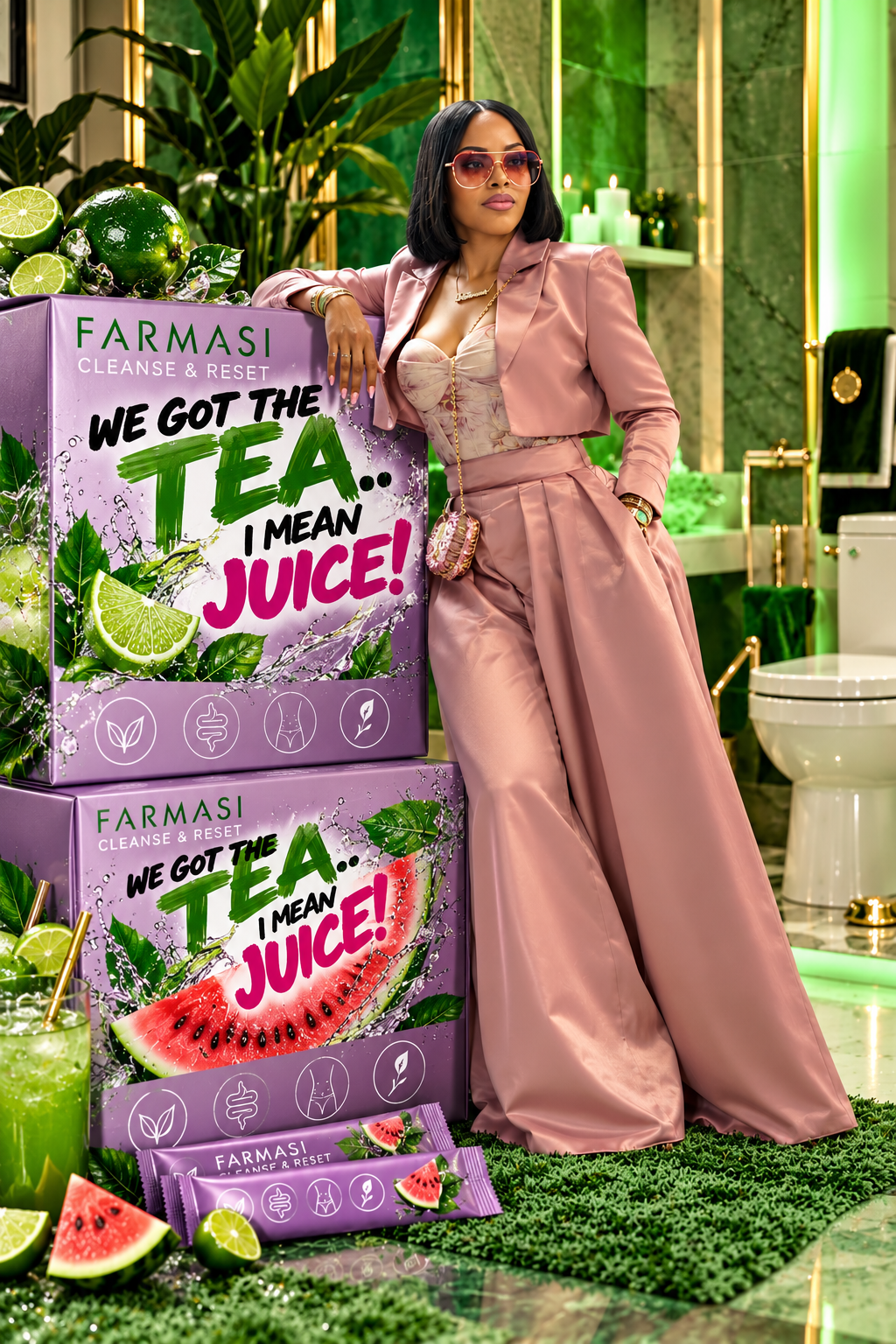Farmasi Cleanse & Reset promo — “We got the tea… I mean juice!” with Cool Lime and Crisp Watermelon boxes